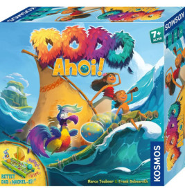 Bunte Spieleschachtel mit Kindern und einem Dodo auf einem Floß im Meer, Titel: Dodo Ahoi!.