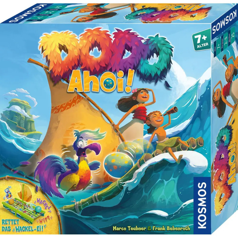 Bunte Spieleschachtel mit Kindern und einem Dodo auf einem Floß im Meer, Titel: Dodo Ahoi!.