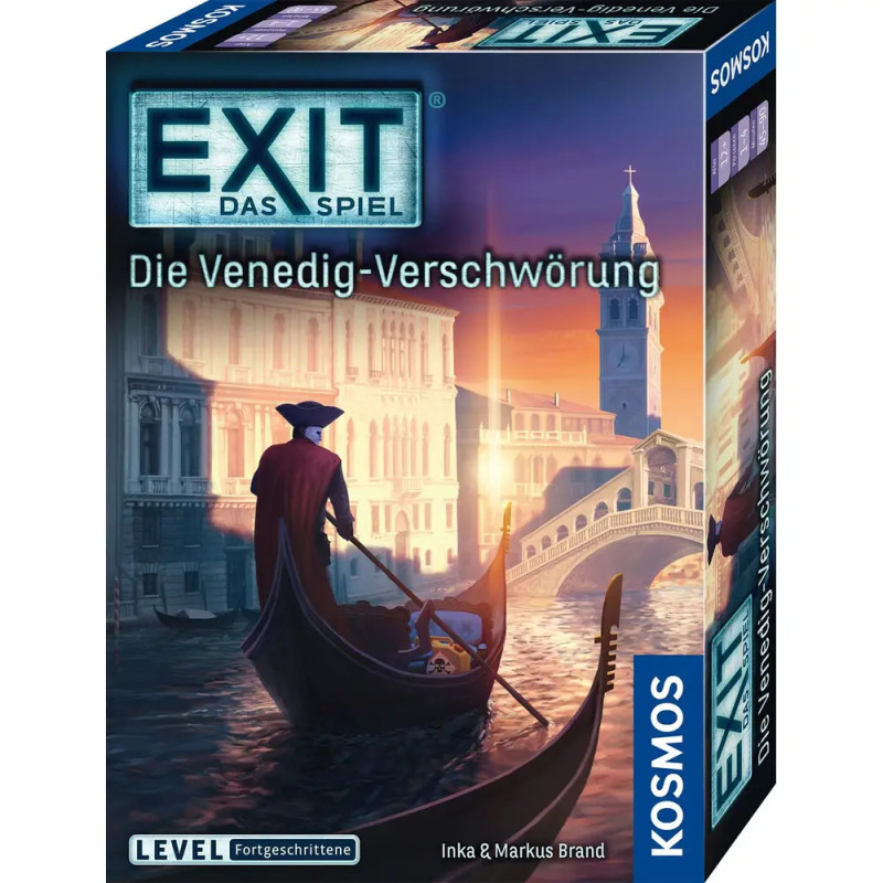 EXIT: Die Venedig-Verschwörung Brettspielbox mit Gondoliere vor Sonnenuntergang in Venedig auf dem Cover.