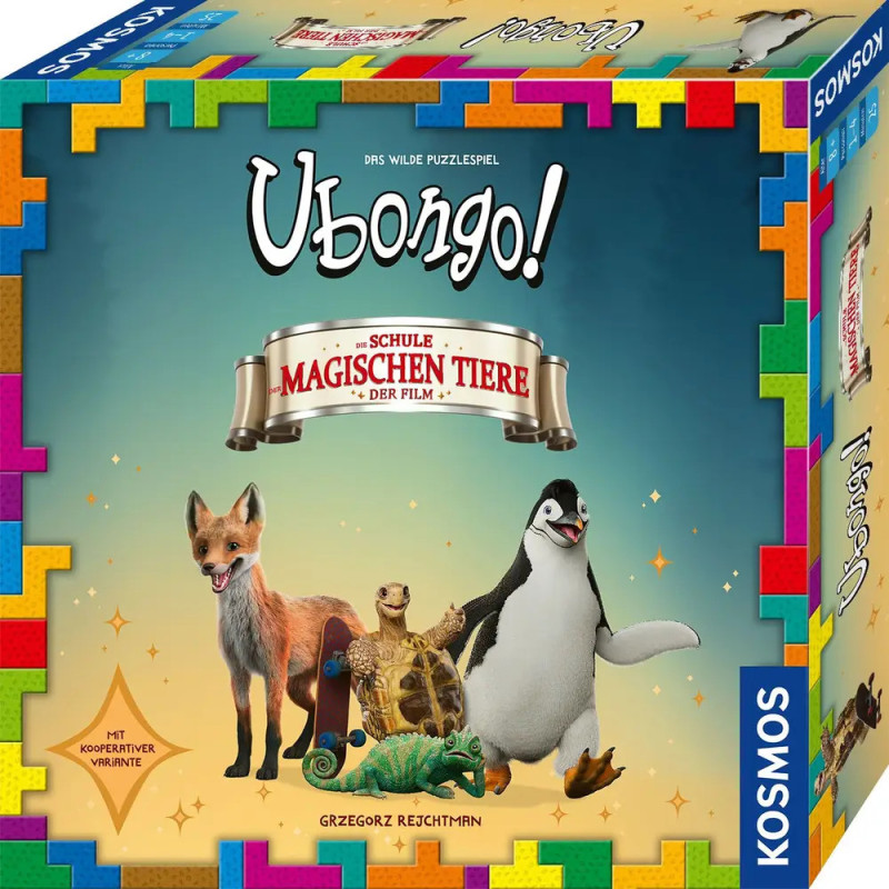 Ubongo!-Spielschachtel mit Fuchs, Schildkröte und Pinguin, umgeben von einem bunten Puzzle-Teil-Rand. Ubongo!-Spielschachtel mit Fuchs, Schildkröte und Pinguin, umgeben von einem bunten Puzzle-Teil-Rand.