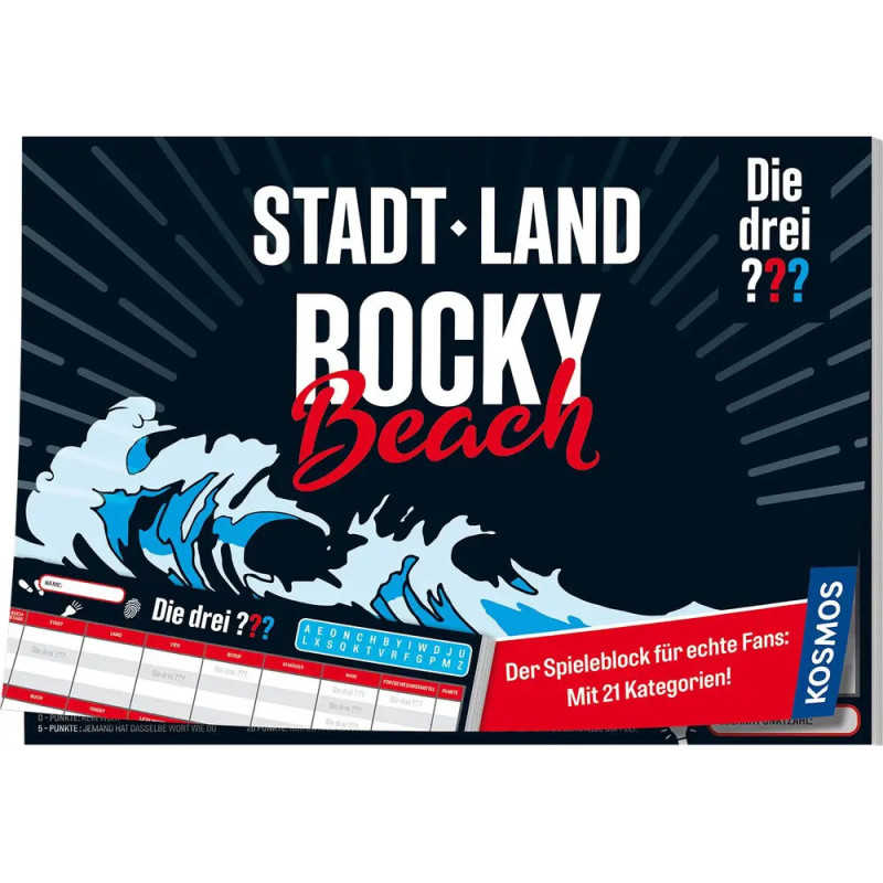 Spieleschachtel von Stadt Land Rocky Beach mit Wellen, kräftigem Schriftzug und rotem Label für 21 Kategorien.