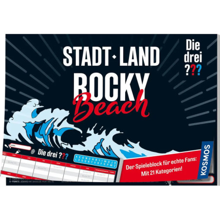 Spieleschachtel von Stadt Land Rocky Beach mit Wellen, kräftigem Schriftzug und rotem Label für 21 Kategorien.