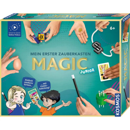 Mein Erster Zauberkasten Magic Junior: Box mit Zaubertricks geführten Händen und gezeichneten Kindern.
