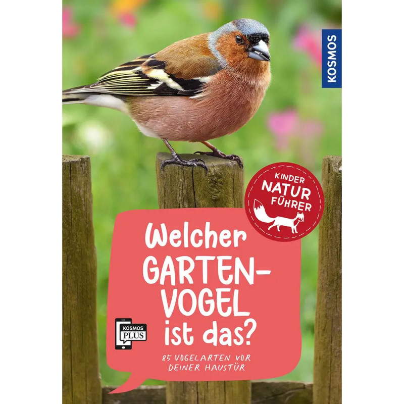 Ein Fink sitzt auf einem Holzzaun, dazu steht Welcher Gartenvogel ist das? auf rotem Hintergrund. Ein Fink sitzt auf einem Holzzaun, dazu steht Welcher Gartenvogel ist das? auf rotem Hintergrund.