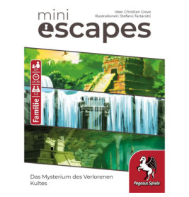 Spielschachtel mit antiken Ruinen und Wasserfällen Aufschrift: mini escapes und Das Mysterium des Verlorenen Kultes.