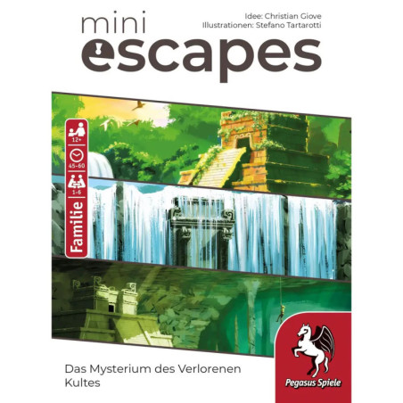 Spielschachtel mit antiken Ruinen und Wasserfällen Aufschrift: mini escapes und Das Mysterium des Verlorenen Kultes.