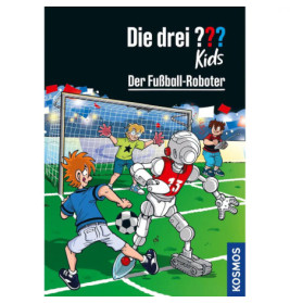 Drei Kinder spielen auf einem Feld Fußball gegen einen Roboter-Torwart, bunt und im Cartoonstil illustriert.
