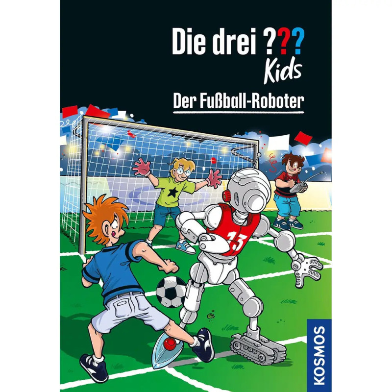 Drei Kinder spielen auf einem Feld Fußball gegen einen Roboter-Torwart, bunt und im Cartoonstil illustriert.