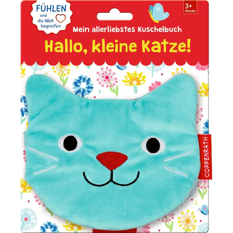 Weiches, blaues Katzen-Bilderbuch mit lächelndem Gesicht, auf Blumenmuster, Titel: Hallo, kleine Katze!.