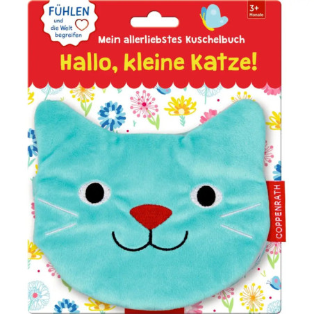 Weiches, blaues Katzen-Bilderbuch mit lächelndem Gesicht, auf Blumenmuster, Titel: Hallo, kleine Katze!.