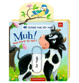 Ein Kinderbuchcover zeigt eine Kuh, einen Vogel auf einem Ast und eine Schiebeleiste mit der Aufschrift Der Vogel.