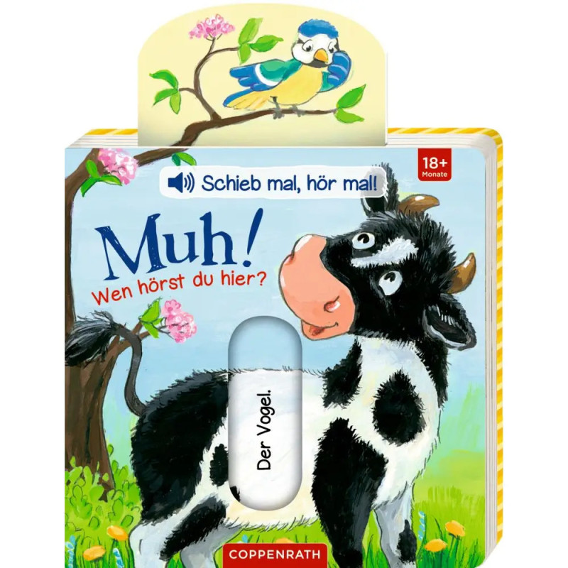 Ein Kinderbuchcover zeigt eine Kuh, einen Vogel auf einem Ast und eine Schiebeleiste mit der Aufschrift Der Vogel.