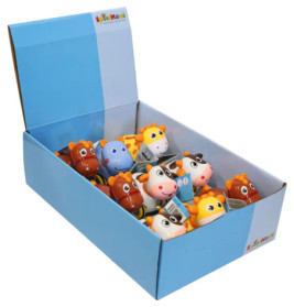 Eine blaue Box enthält bunte Aufziehspielzeuge in Tierform wie Kühe, Tiger und Bienen.