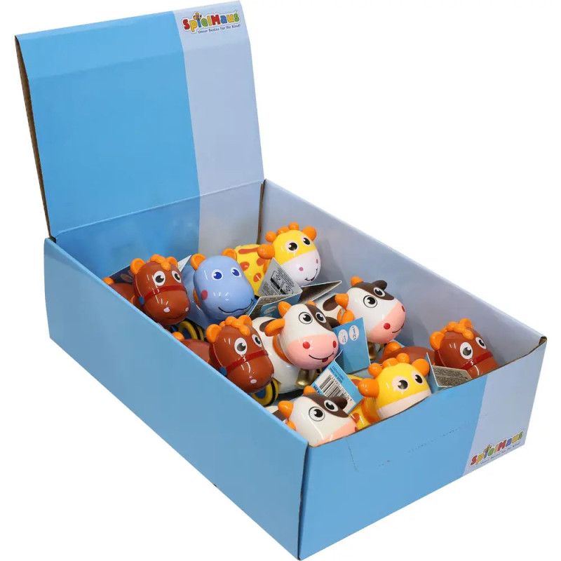 Eine blaue Box enthält bunte Aufziehspielzeuge in Tierform wie Kühe, Tiger und Bienen.