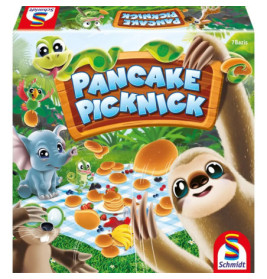 Cartoon-Tiere picknicken draußen mit Pfannkuchen, daneben ein Schild mit dem Spieltitel Pancake Picknick.