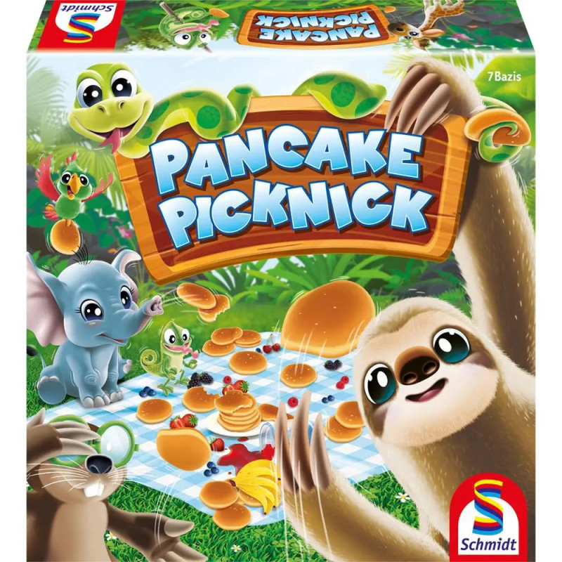 Cartoon-Tiere picknicken draußen mit Pfannkuchen, daneben ein Schild mit dem Spieltitel Pancake Picknick.