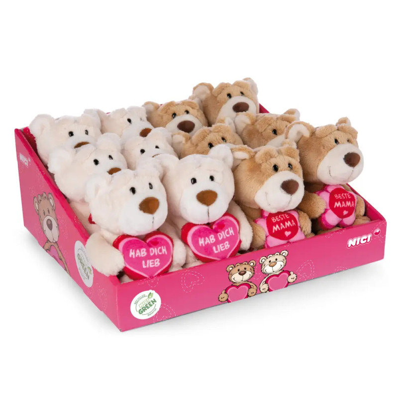 Rosa Tablett mit Plüschbären, die Herzen mit deutschen Botschaften für Mama halten.