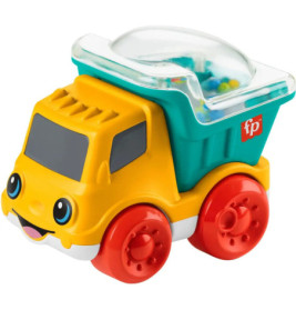 Bunter Spielzeugkipplaster mit fröhlichem Gesicht, roten Rädern und durchsichtigem Dach voller kleiner Perlen.