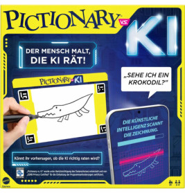 Eine Hand zeichnet auf einem Tablet ein Krokodil für Pictionary vs. KI, mit deutschem Text und Spielanleitung.