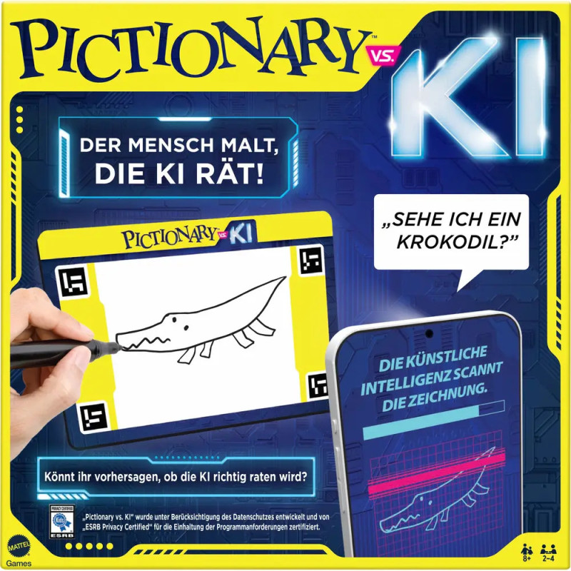 Eine Hand zeichnet auf einem Tablet ein Krokodil für Pictionary vs. KI, mit deutschem Text und Spielanleitung.
