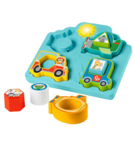 Buntes Steckspielzeug für Kleinkinder mit Fahrzeugformen und blauem Sockel mit Sonne und Bergen.