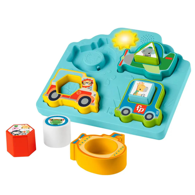 Buntes Steckspielzeug für Kleinkinder mit Fahrzeugformen und blauem Sockel mit Sonne und Bergen.