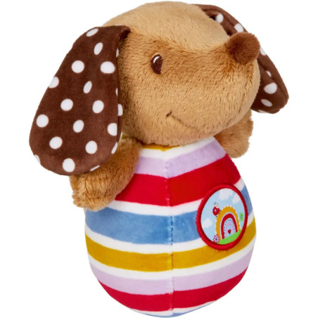 Kuscheltier-Hund mit braunen, gepunkteten Ohren und bunt gestreiftem Körper mit Regenbogen-Aufnäher.