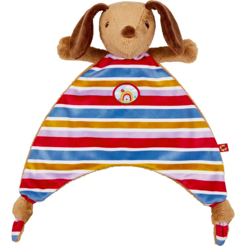 Plüsch-Hundeschmusetuch mit Schlappohren und bunt gestreiftem Körper. Plüsch-Hundeschmusetuch mit Schlappohren und bunt gestreiftem Körper.