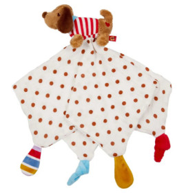 Plüsch-Hundespielzeug für Babys mit brauner Polka-Dot-Decke und bunten Stoffdecken.