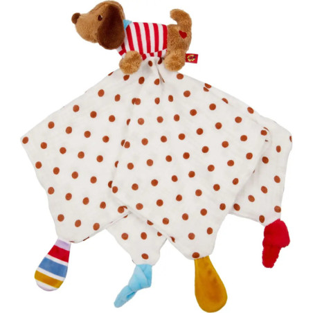 Plüsch-Hundespielzeug für Babys mit brauner Polka-Dot-Decke und bunten Stoffdecken.