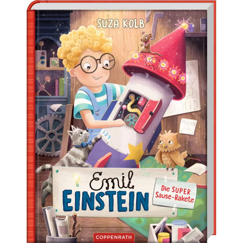 Ein Junge mit Brille baut eine Rakete, Tiere sind um ihn Buchcover mit dem Titel Emil Einstein.