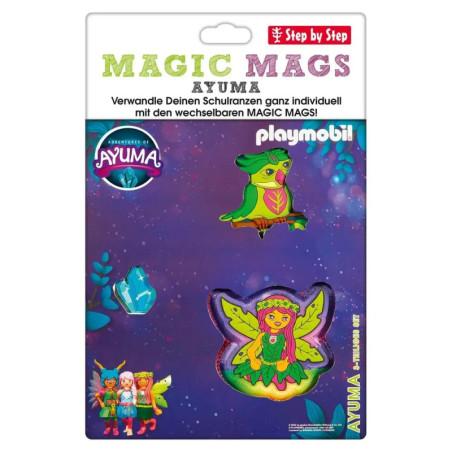 Playmobil Ayuma Magic Mags Set mit bunter Fee, Eule und blauen Kristall-Magneten vor lilafarbenem Hintergrund.