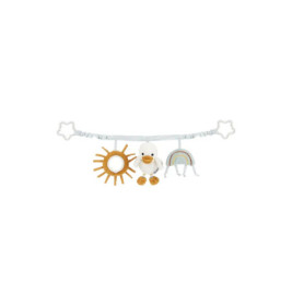 Kinderwagen-Spielzeug mit Sonne, Plüschente und Regenbogen an weichem Band, befestigt mit sternförmigen Clips.