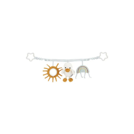 Kinderwagen-Spielzeug mit Sonne, Plüschente und Regenbogen an weichem Band, befestigt mit sternförmigen Clips.