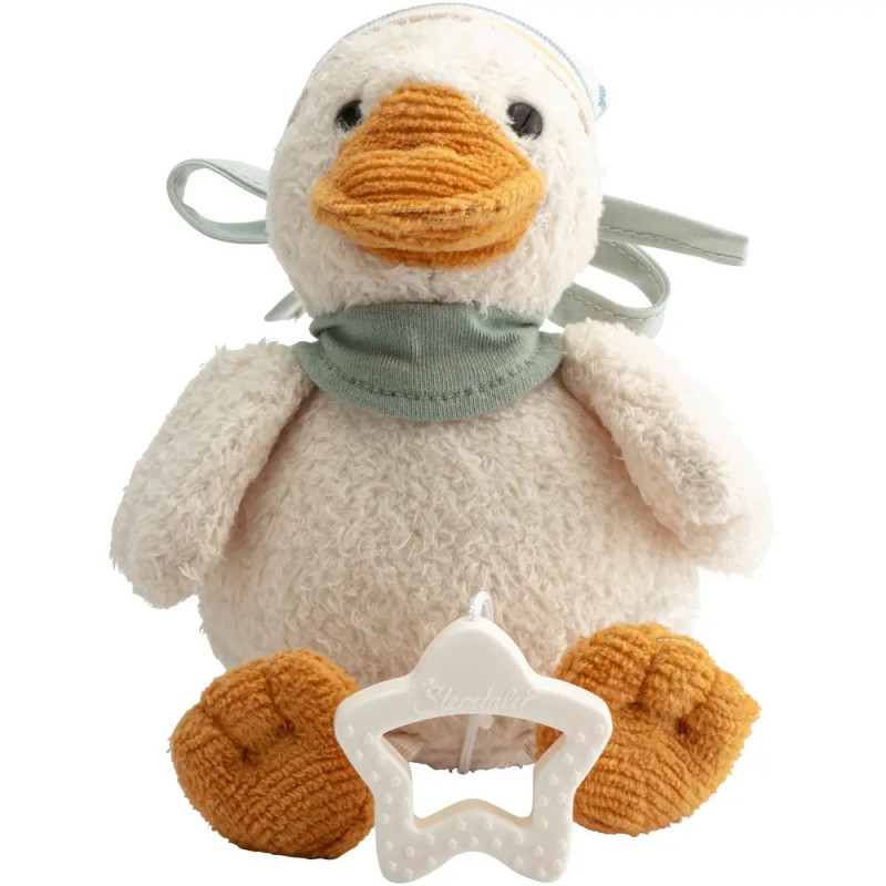 Plüschentchen mit orangefarbenem Schnabel und Füßen, Schal, neben weißem, sternförmigem Beißring.