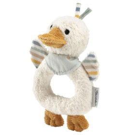 Plüsch-Babyrassel in Entenform mit Ringkörper, gestreiften Flügeln und kleinem Halstuch.