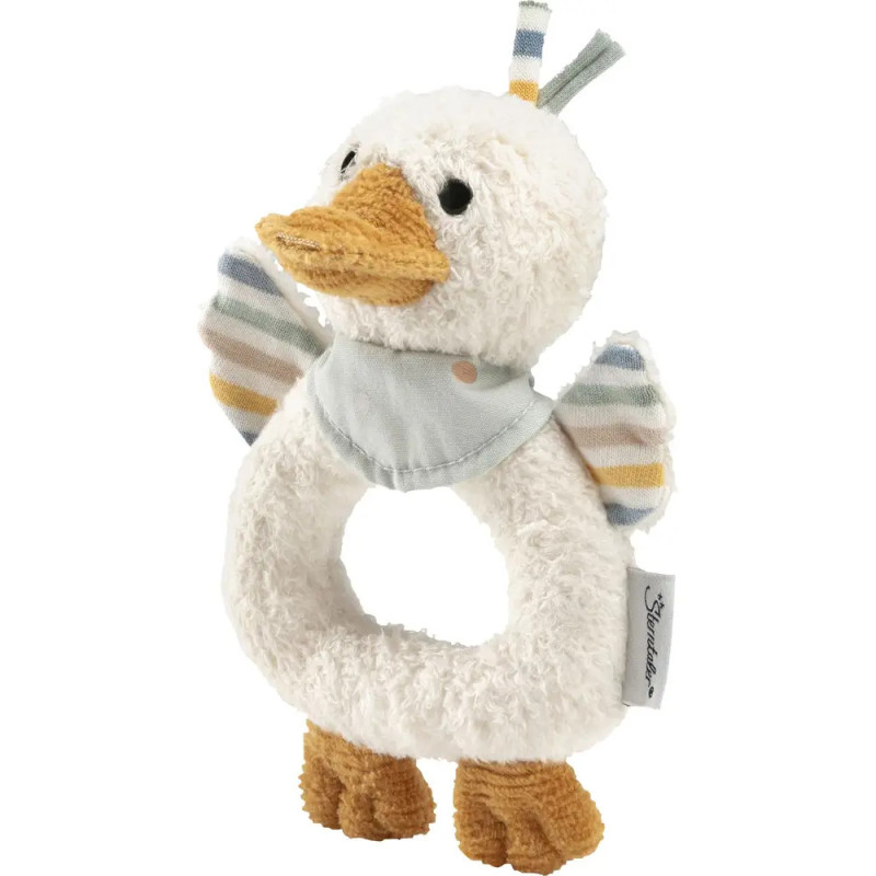 Plüsch-Babyrassel in Entenform mit Ringkörper, gestreiften Flügeln und kleinem Halstuch.