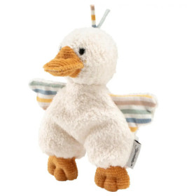 Plüschtier-Ente mit gestreiften Flügeln, orangefarbenem Schnabel und Füßen sowie kleinem Stoffetikett an der Seite.