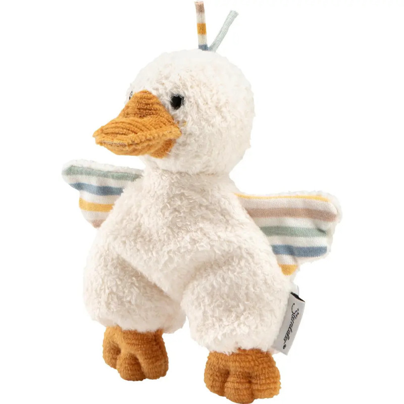 Plüschtier-Ente mit gestreiften Flügeln, orangefarbenem Schnabel und Füßen sowie kleinem Stoffetikett an der Seite.