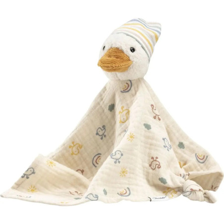 Plüsch-Enten-Schnuffeltuch mit gestreifter Mütze und gemustertem Stoff mit Regenbögen, Sonnen und Tieren. Plüsch-Enten-Schnuffeltuch mit gestreifter Mütze und gemustertem Stoff mit Regenbögen, Sonnen und Tieren.