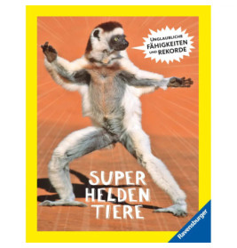 Ein aufrecht stehender Lemur mit ausgebreiteten Armen auf dem Buchcover Super Heldentiere.