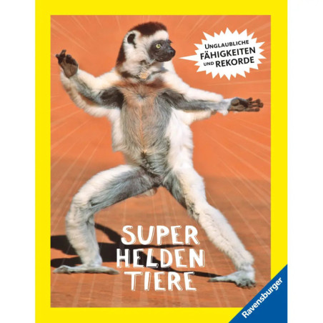 Ein aufrecht stehender Lemur mit ausgebreiteten Armen auf dem Buchcover Super Heldentiere. Ein aufrecht stehender Lemur mit ausgebreiteten Armen auf dem Buchcover Super Heldentiere.