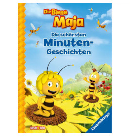 Buchcover mit gezeichneten Bienen auf Sonnenblumen vor blauem Himmel, Titel: Die Biene Maja Minuten-Geschichten.