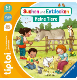 Drei Kinder begegnen einem Esel, Küken und Huhn auf einer grünen Wiese unter blauem Himmel.