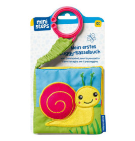 Weiches Babybuch mit lächelnder Schnecke auf dem Umschlag, befestigt an grünem Band mit rosa Ring.
