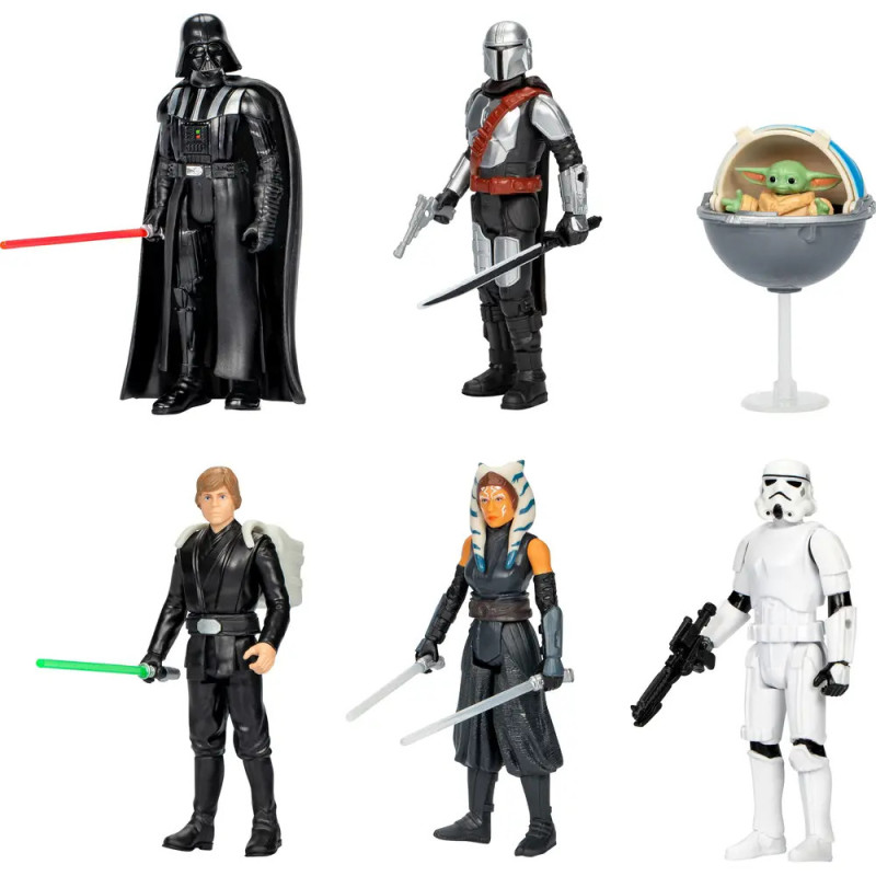 Sechs Star Wars Actionfiguren: Darth Vader, Mandalorian, Grogu, Luke, Ahsoka und ein Stormtrooper.