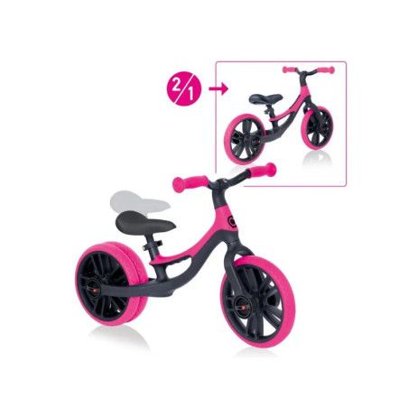 Schwarzes und pinkes Kinderlaufrad mit abnehmbarer Stütze am Hinterrad, in zwei Varianten gezeigt.