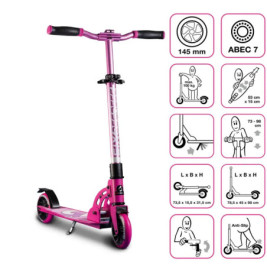 Pinkfarbener Tretroller mit schwarzen Griffen, daneben Icons zu Eigenschaften und Maßen.