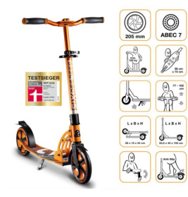 Oranger Tretroller mit technischen Daten, Größentabellen und Nutzungssymbolen auf der rechten Bildseite.