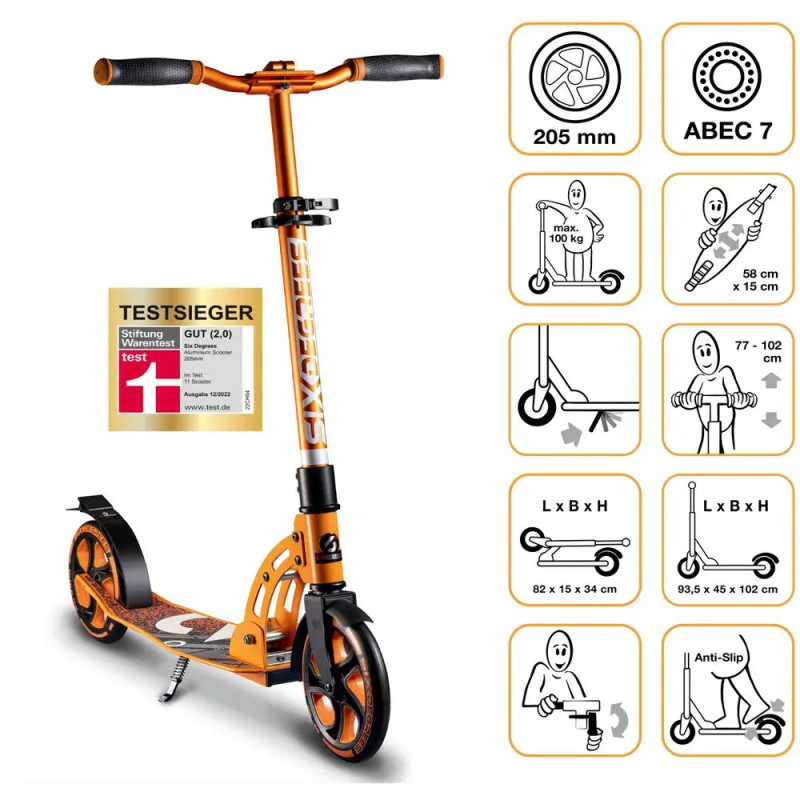 Oranger Tretroller mit technischen Daten, Größentabellen und Nutzungssymbolen auf der rechten Bildseite. Oranger Tretroller mit technischen Daten, Größentabellen und Nutzungssymbolen auf der rechten Bildseite.